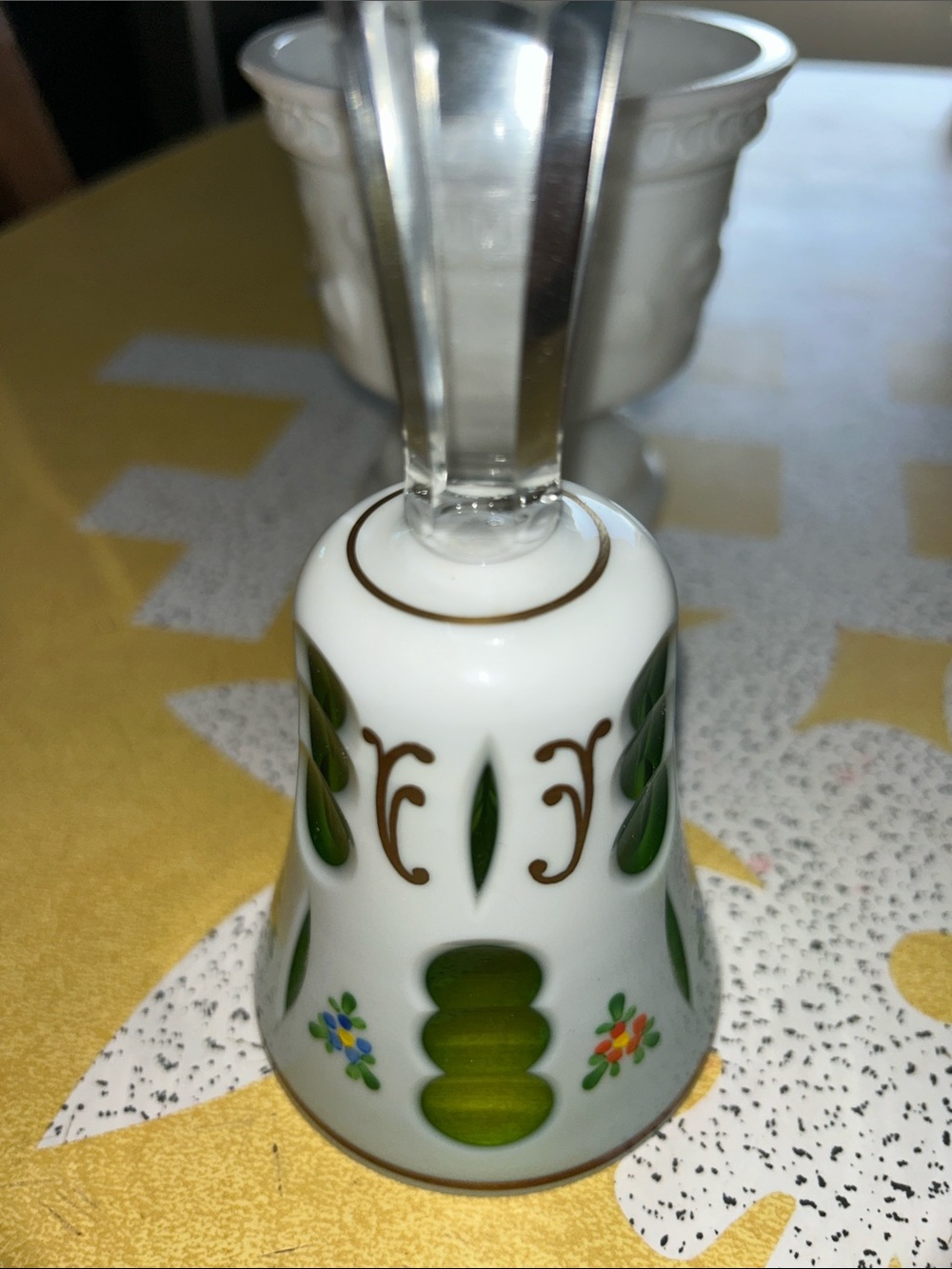 BOHEMIAN CRYSTAL CZECH White Cut To Green 5" Glass Bell EUC